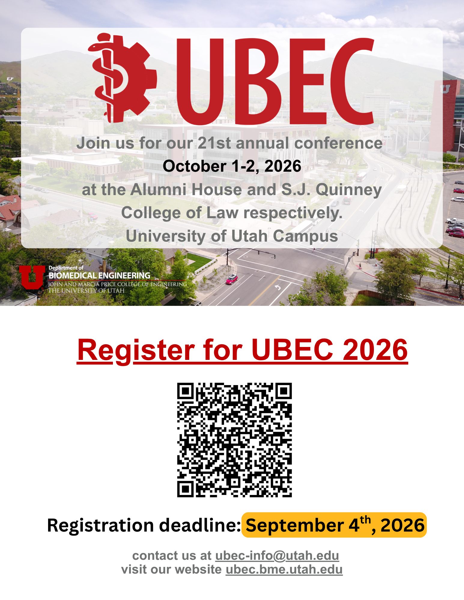 Flyer advertising the 21st annual UBEC held October 1st and 2nd at the Alumni House and S.J. Quinney College of Law respectively